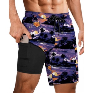 Ekouaer 9 Inch Mens Swim Trunks with Compression Liner 2 in 1 Board Shorts(Sunset-blue Purple)