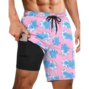 Ekouaer 9 Inch Mens Swim Trunks with Compression Liner 2 in 1 Board Shorts(Turtle Pink)