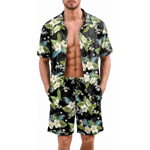 Ekouaer Men’s Pajama Sets Button Down Summer Pjs Hawaiian Lounge Set XS-XXL(Hawaiian Flower Green & Blue Leaves)
