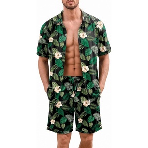 Ekouaer Men’s Pajama Sets Button Down Summer Pjs Hawaiian Lounge Set XS-XXL(Hawaiian Flower Green Leaves)