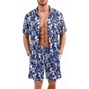 Ekouaer Men’s Pajama Sets Button Down Summer Pjs Hawaiian Lounge Set XS-XXL(Navy Blue Hawaiian Leaves)