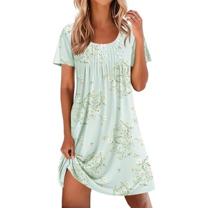 Ekouaer Nightgowns for Women Pleated Sleep Shirts Short Sleeve Night Shirts(Floral Light Green)