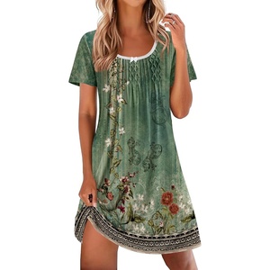 Ekouaer Nightgowns for Women Pleated Sleep Shirts Short Sleeve Night Shirts(Green Blossom)