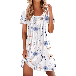 Ekouaer Nightgowns for Women Pleated Sleep Shirts Short Sleeve Night Shirts(White Flower)