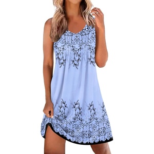 Ekouaer Nightgowns for Women Sleeveless Sleep Shirt Tank V Neck Night Gown(Dusty Blue Print)