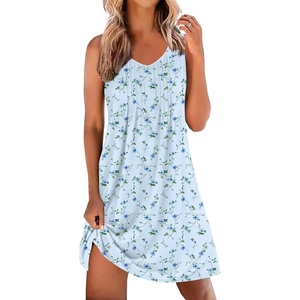 Ekouaer Nightgowns for Women Sleeveless Sleep Shirt Tank V Neck Night Gown(Floral Blue)
