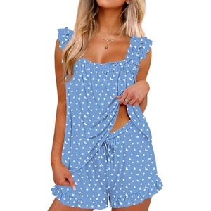 Ekouaer Pajama for Women Set 2 Piece Ruffle Pjs Soft Tank Top and Shorts(Blue Hearts)