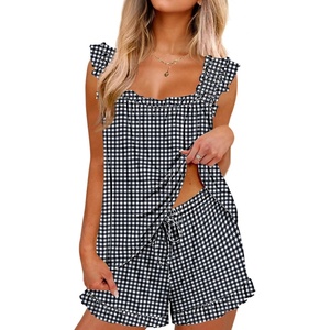 Ekouaer Pajama for Women Set 2 Piece Ruffle Pjs Soft Tank Top and Shorts(Gingham Black)