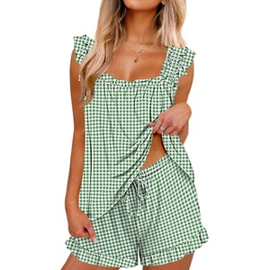 Ekouaer Pajama for Women Set 2 Piece Ruffle Pjs Soft Tank Top and Shorts(Gingham Green)
