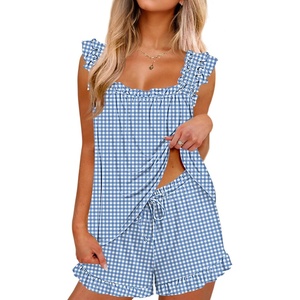 Ekouaer Pajama for Women Set 2 Piece Ruffle Pjs Soft Tank Top and Shorts(Gingham Light Blue)