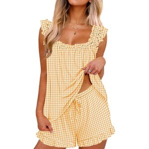 Ekouaer Pajama for Women Set 2 Piece Ruffle Pjs Soft Tank Top and Shorts(Gingham Yellow)
