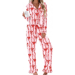 Ekouaer Womens Pajama Sets Long Sleeve Sleepwear Button Down Pjs Loungewear(Red Bow-knot Stripes)