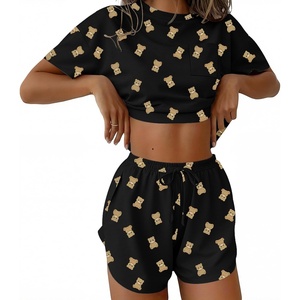 Ekouaer Womens Pajama Sets Sexy Lounge Sets Side Split Short Pj Sets(Black Teddy Bear)