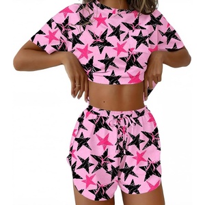 Ekouaer Womens Pajama Sets Sexy Lounge Sets Side Split Short Pj Sets(Blackpink Five-pointed Star Bow)