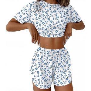 Ekouaer Womens Pajama Sets Sexy Lounge Sets Side Split Short Pj Sets(Blue Leaves)