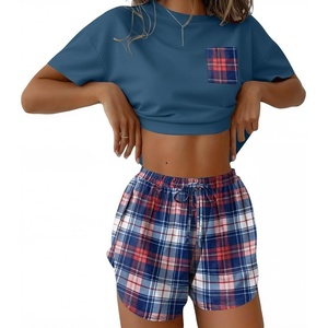 Ekouaer Womens Pajama Sets Sexy Lounge Sets Side Split Short Pj Sets(Blue Plaid)