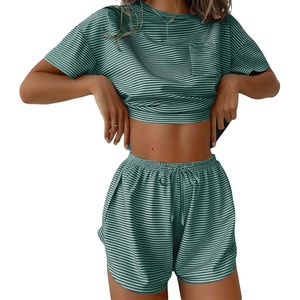 Ekouaer Womens Pajama Sets Sexy Lounge Sets Side Split Short Pj Sets(Green and White Stripes)