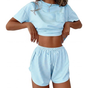 Ekouaer Womens Pajama Sets Sexy Lounge Sets Side Split Short Pj Sets(Light Blue Stripes)