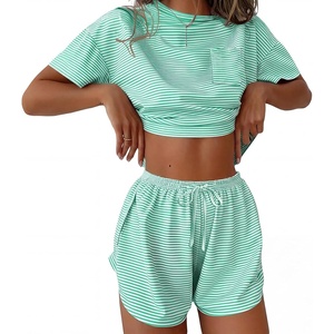 Ekouaer Womens Pajama Sets Sexy Lounge Sets Side Split Short Pj Sets(Light Green Stripes)