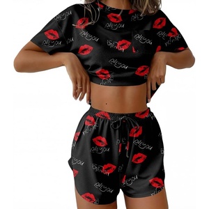 Ekouaer Womens Pajama Sets Sexy Lounge Sets Side Split Short Pj Sets(Love You Lips)