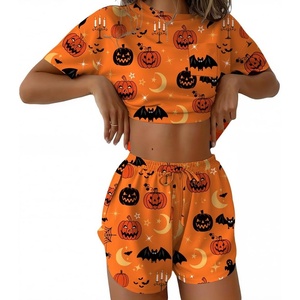 Ekouaer Womens Pajama Sets Sexy Lounge Sets Side Split Short Pj Sets(Orange Pumpkins and Bats)