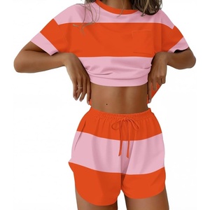 Ekouaer Womens Pajama Sets Sexy Lounge Sets Side Split Short Pj Sets(Orange and Pink Stripes)