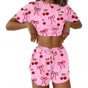 Ekouaer Womens Pajama Sets Sexy Lounge Sets Side Split Short Pj Sets(Pink Cherry Bow)
