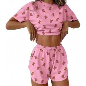 Ekouaer Womens Pajama Sets Sexy Lounge Sets Side Split Short Pj Sets(Pink Teddy Bear)
