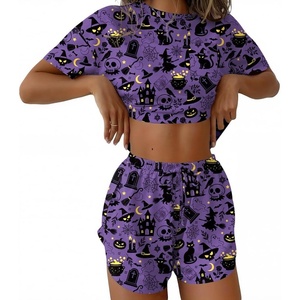 Ekouaer Womens Pajama Sets Sexy Lounge Sets Side Split Short Pj Sets(Purple Spooky Castle)