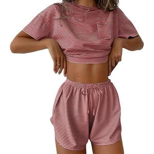 Ekouaer Womens Pajama Sets Sexy Lounge Sets Side Split Short Pj Sets(Red and White Stripes)