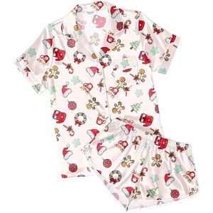 Ekouaer Womens Satin Pajama Set Silk Pj Short Sets 2 Piece Loungewear S-5XL(Beige Christmas Gingerbread)