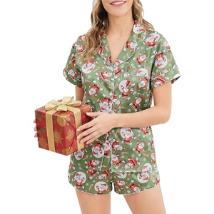 Ekouaer Womens Satin Pajama Set Silk Pj Short Sets 2 Piece Loungewear S-5XL(Green Christmas Snowman)