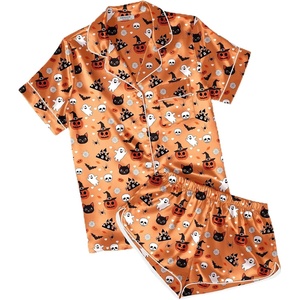 Ekouaer Womens Satin Pajama Set Silk Pj Short Sets 2 Piece Loungewear S-5XL(Orange Halloween Print)