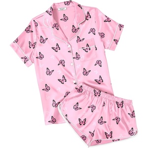 Ekouaer Womens Satin Pajama Set Silk Pj Short Sets 2 Piece Loungewear S-5XL(Pink Butterfly)
