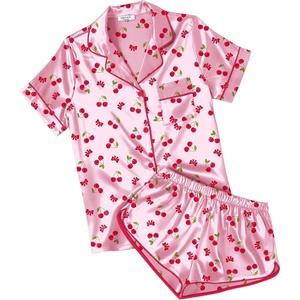 Ekouaer Womens Satin Pajama Set Silk Pj Short Sets 2 Piece Loungewear S-5XL(Pink Cherry Print)