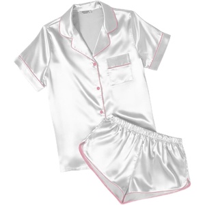 Ekouaer Womens Satin Pajama Set Silk Pj Short Sets 2 Piece Loungewear S-5XL(White With Pink Piping)