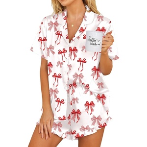 Ekouaer Womens Satin Pajamas Set Button Down 2 Piece Silk Pjs Shorts Set Ruffle Lingerie Notch Collar Sleepwear(Red Bow)