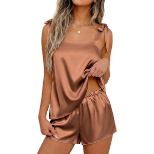 Ekouaer Womens Silk Pajama Set Bow Tie Knot Tank Top Satin Pjs Sets S-XXL(Brown)