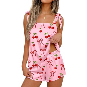 Ekouaer Womens Silk Pajama Set Bow Tie Knot Tank Top Satin Pjs Sets S-XXL(Cherry Bow Print)