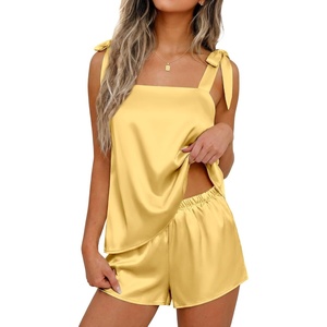 Ekouaer Womens Silk Pajama Set Bow Tie Knot Tank Top Satin Pjs Sets S-XXL(Yellow)