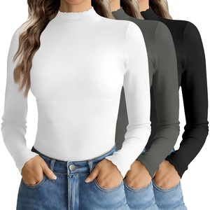Turtleneck Tops for Women Long Sleeve Mock Neck Shirts Undershirts 3 Pack(Black/White/Dark Grey)