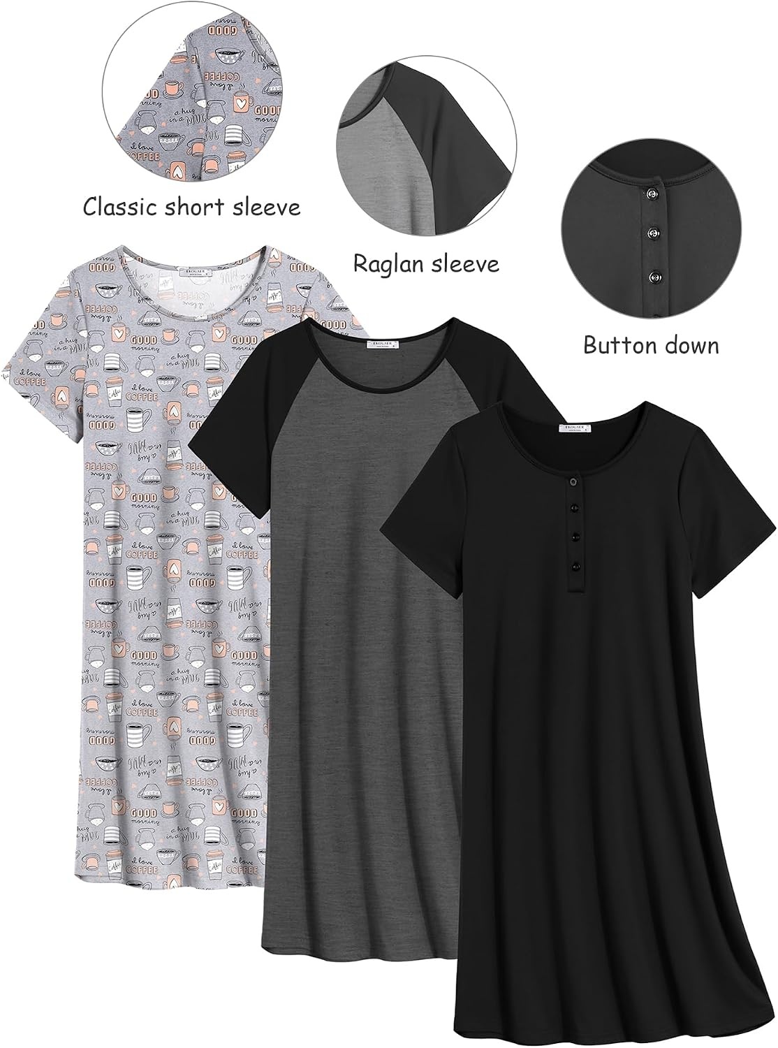 image:imageEkouaer 3 Pack Nightgowns for Women Short Sleeve Sleepshirt Night ShirtsBlackGreyLight Grey Coffee