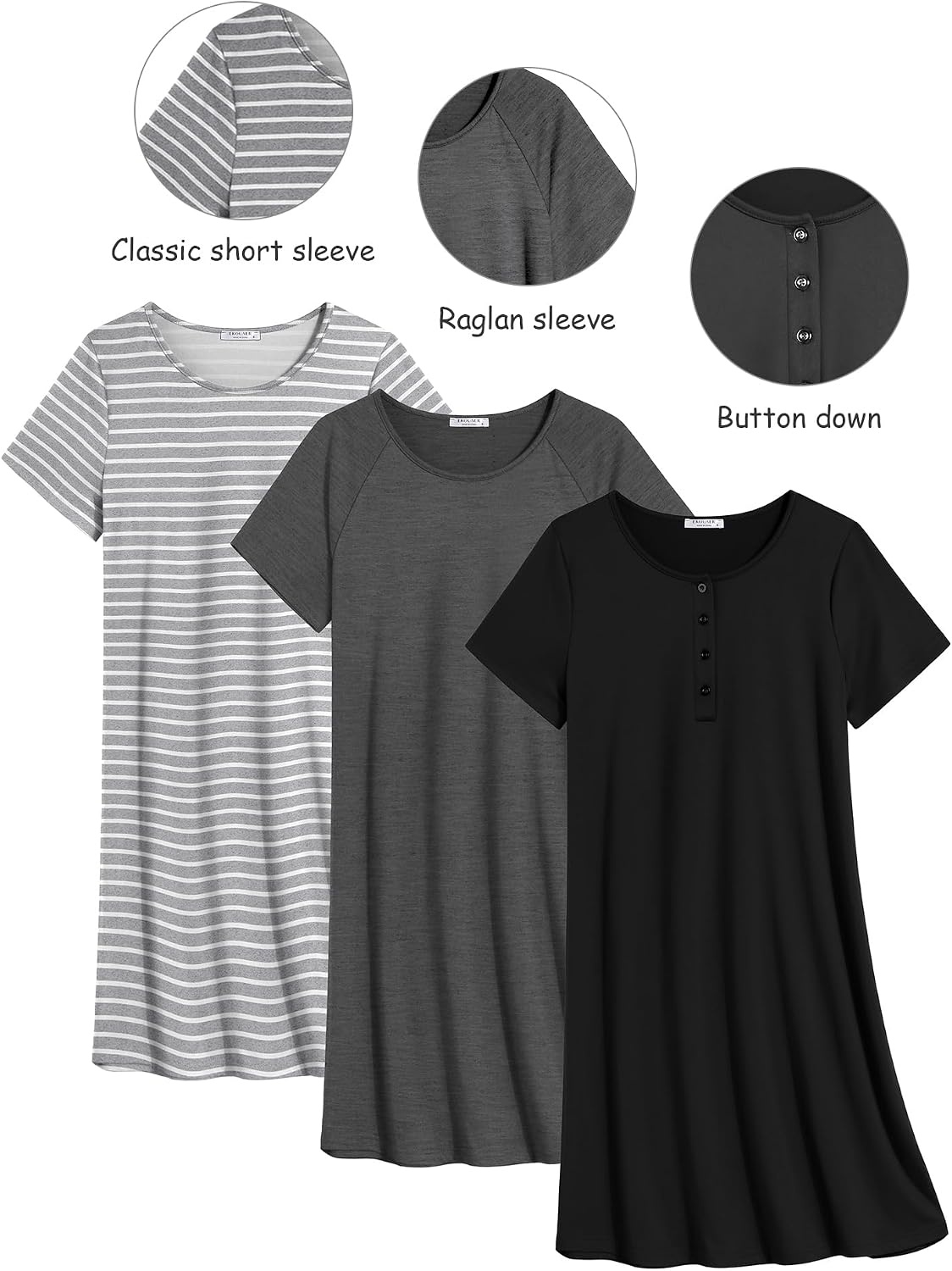 image:imageEkouaer 3 Pack Nightgowns for Women Short Sleeve Sleepshirt Night ShirtsBlackGreyLight Grey Stripe