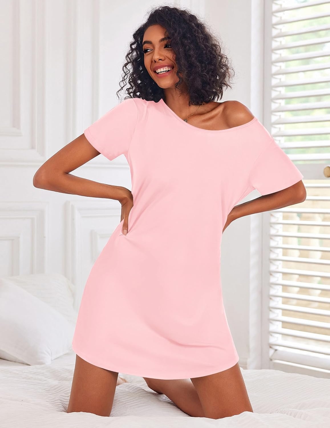 image:imageEkouaer 3 Pack Nightgowns for Women Short Sleeve Sleepshirt Night ShirtsBlackGreyPink