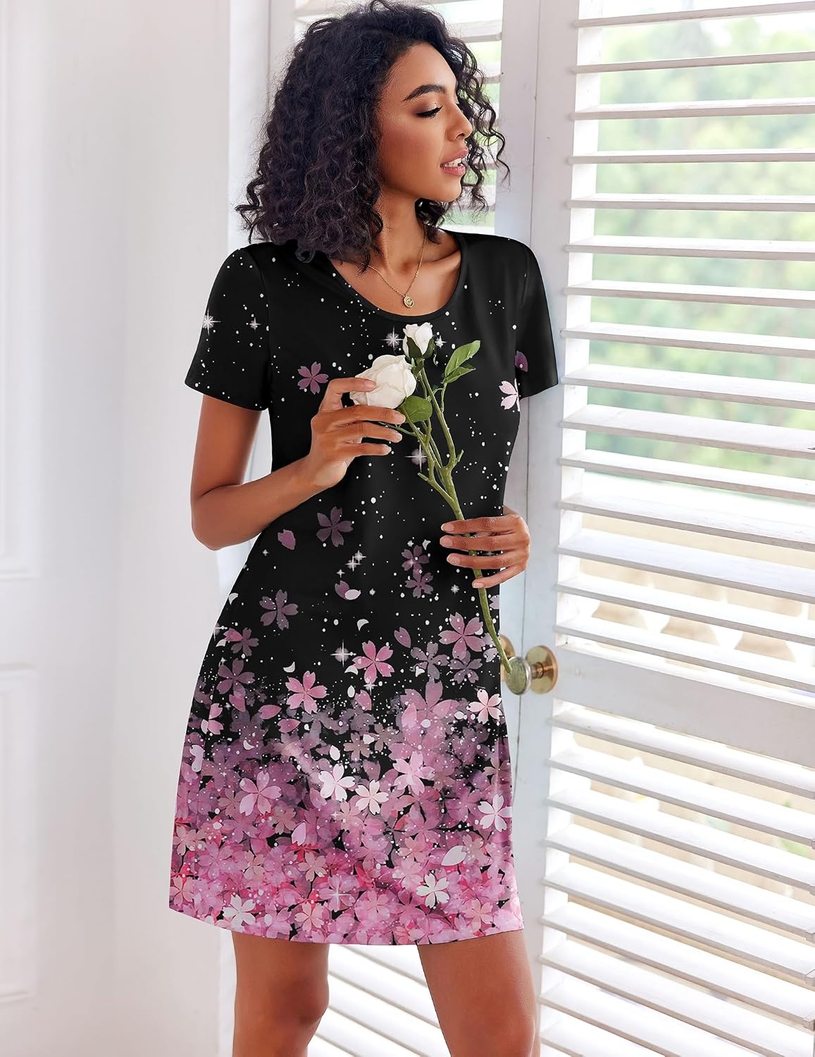 image:imageEkouaer 3 Pack Nightgowns for Women Short Sleeve Sleepshirt Night ShirtsBlackGreyPink Cherry Blossoms