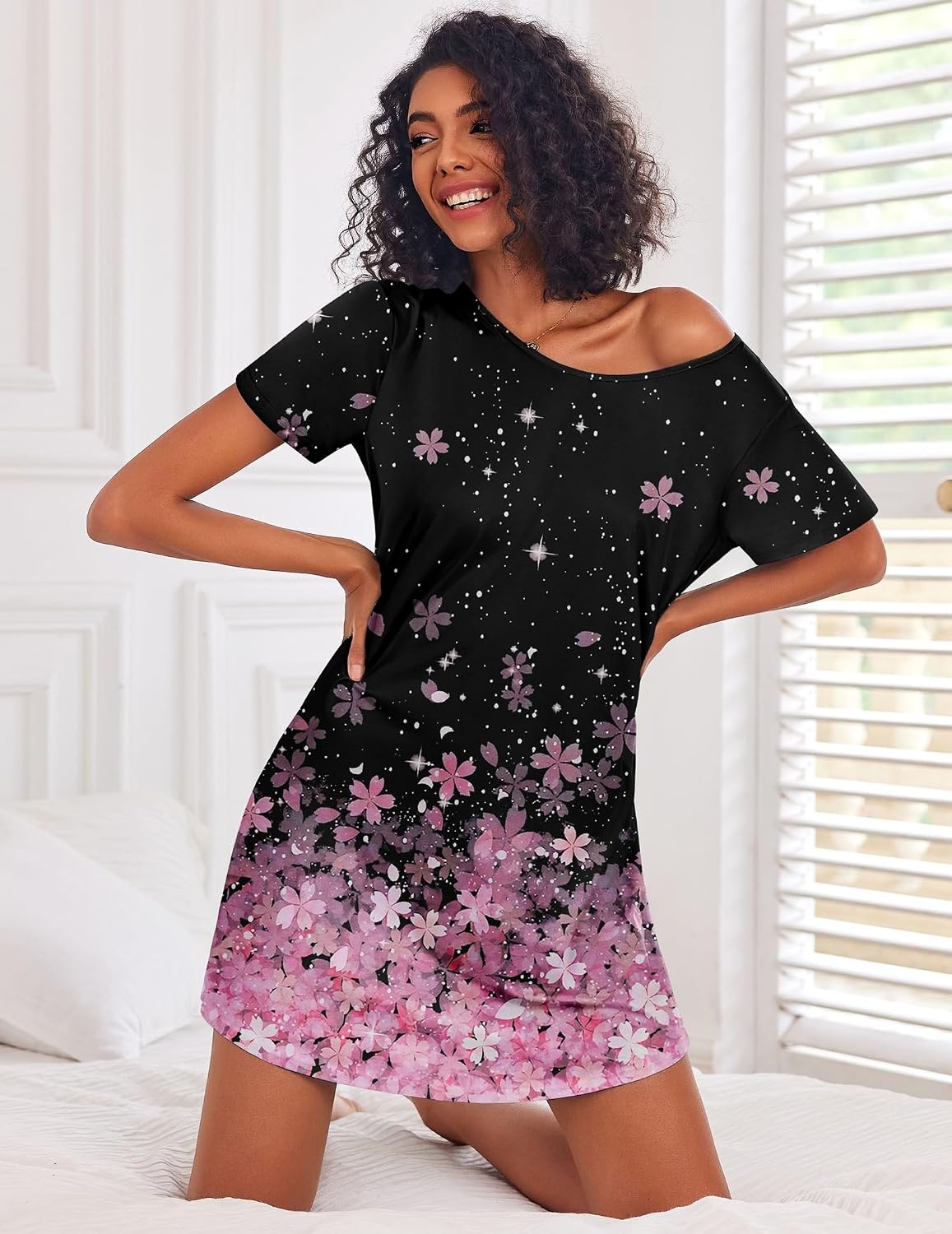 image:imageEkouaer 3 Pack Nightgowns for Women Short Sleeve Sleepshirt Night ShirtsBlackGreyPink Cherry Blossoms