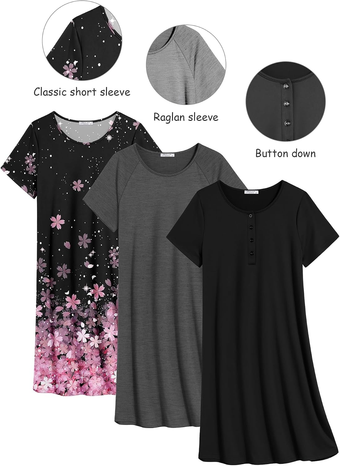 image:imageEkouaer 3 Pack Nightgowns for Women Short Sleeve Sleepshirt Night ShirtsBlackGreyPink Cherry Blossoms