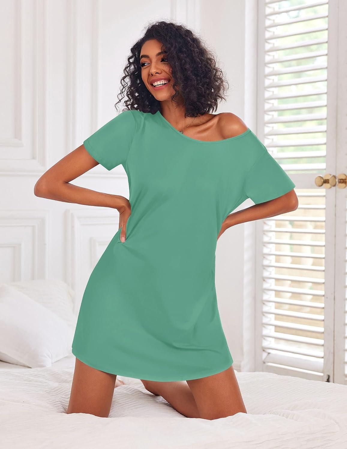 image:imageEkouaer 3 Pack Nightgowns for Women Short Sleeve Sleepshirt Night ShirtsBlackPeach RedCeladon Green