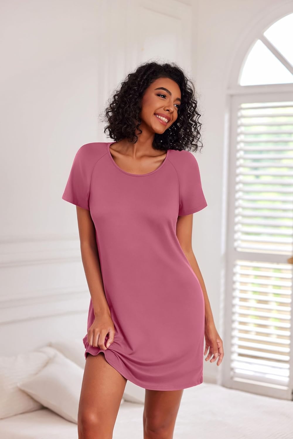 image:imageEkouaer 3 Pack Nightgowns for Women Short Sleeve Sleepshirt Night ShirtsBlackPeach RedCeladon Green