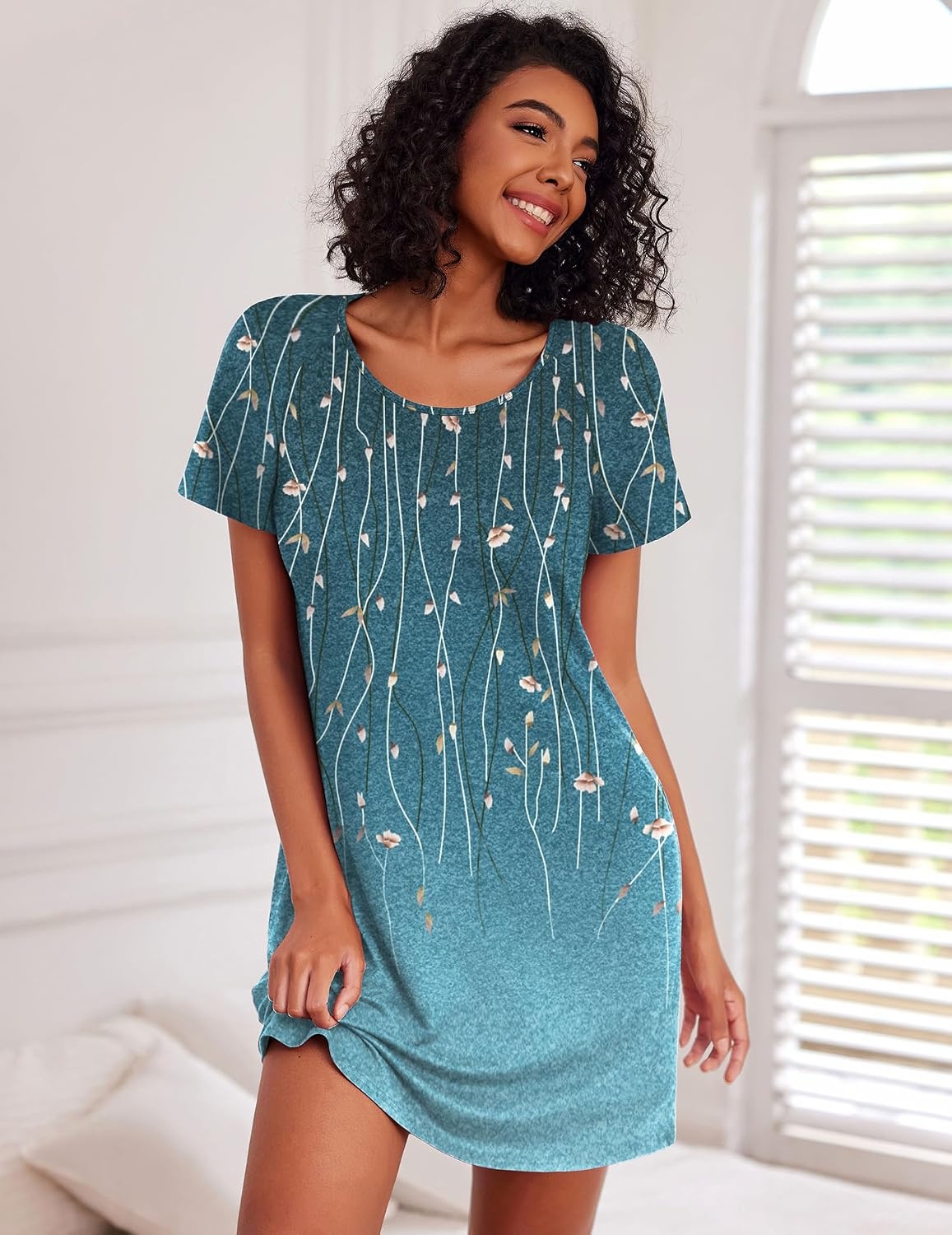 image:imageEkouaer 3 Pack Nightgowns for Women Short Sleeve Sleepshirt Night ShirtsBlackSparkling BranchesCherry Blossoms